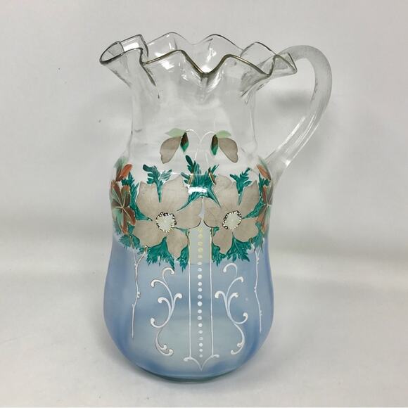 Victorian Enameled Hand Painted Pitcher Blue Art Glass Floral Design - Picture 3 of 12